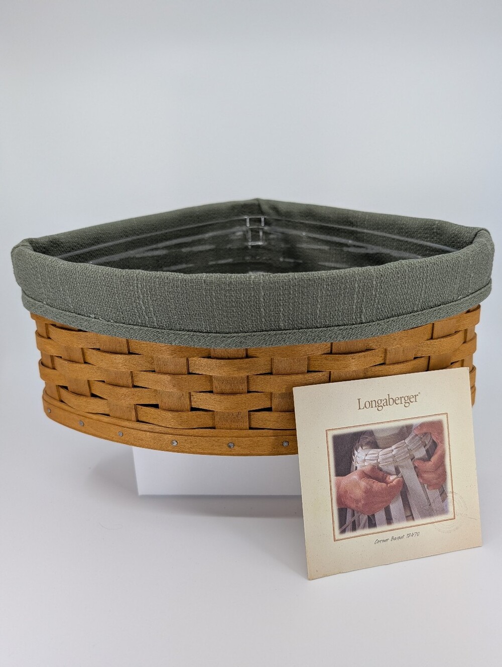Longaberger Corner Basket with Sage Green Liner & Protector 12470
